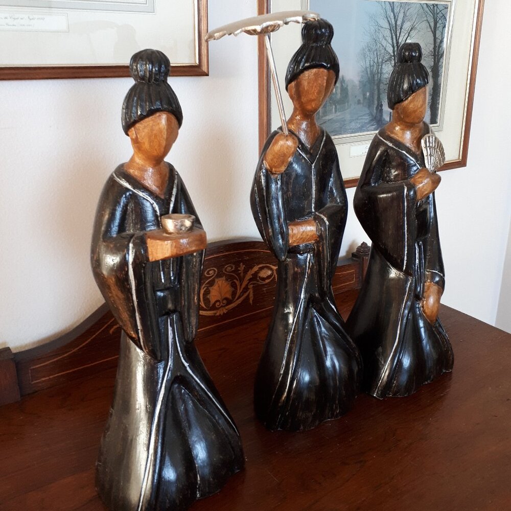 Lot of three large Japanese Geisha Figures - Made of Wood - Picture 3 of 10